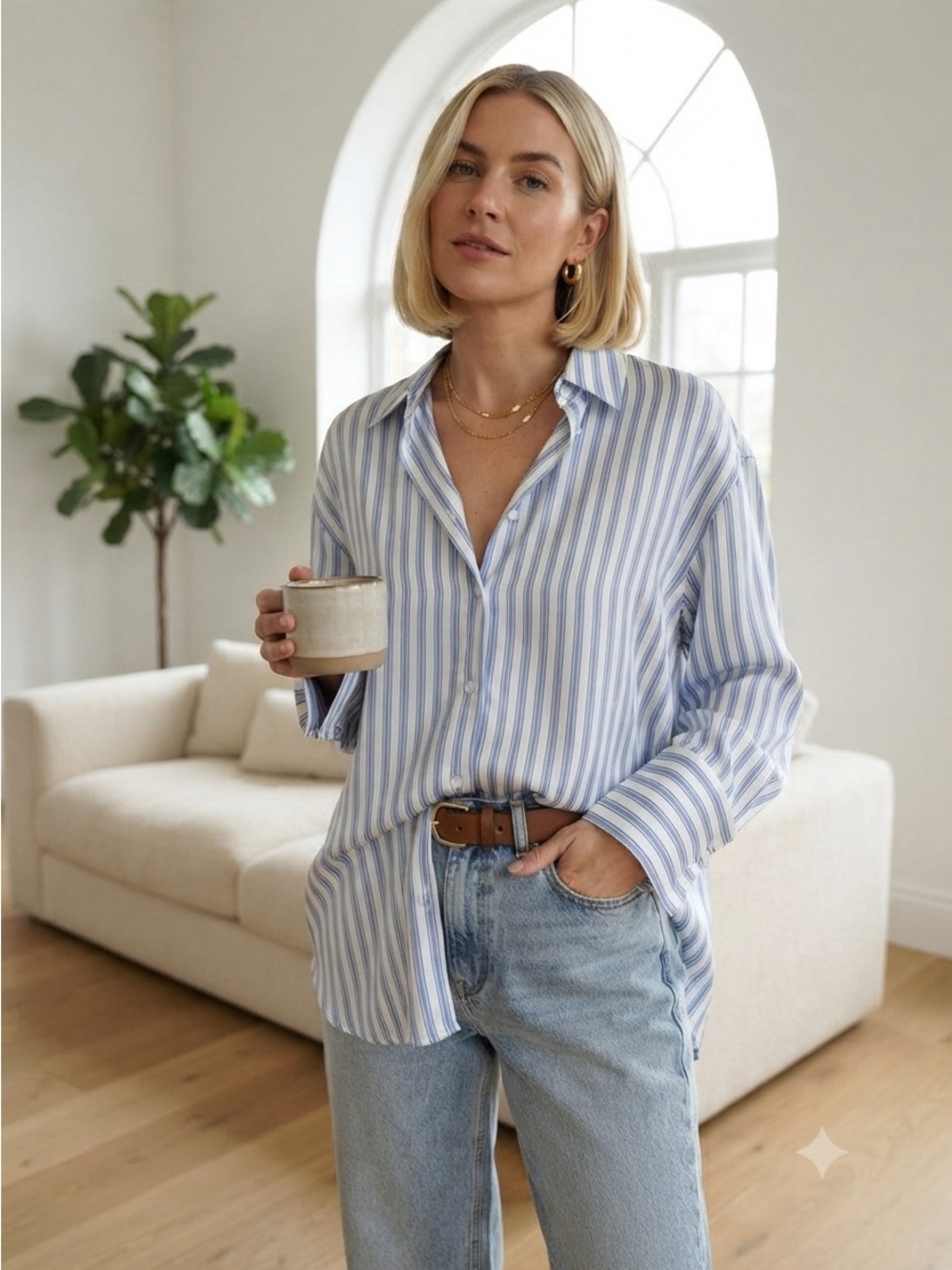 Zara Womens XS Oversize Blue White Striped Silky Button Front Blouse A1-005